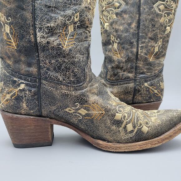 Corral Circle G Women's Black Crackle/Bone Embroidery Snip Toe Leather Boots 9M - Picture 7 of 16